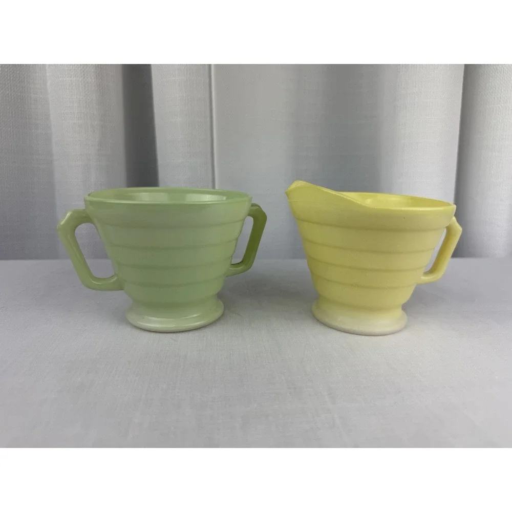 MCM Hazel Atlas Cream & Sugar Bowl Set Moderntone Pastel Platonite Yellow Green